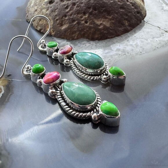 Sterling Silver Southwestern Style Multistone Dangle Earrings For Women #6 - Picture 3 of 10